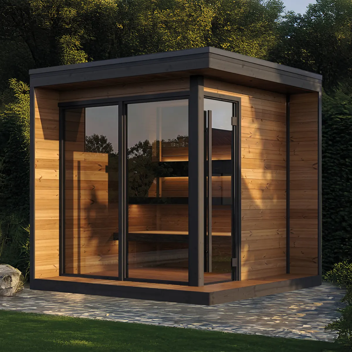 Yakia 400 L garden sauna with corner glazing