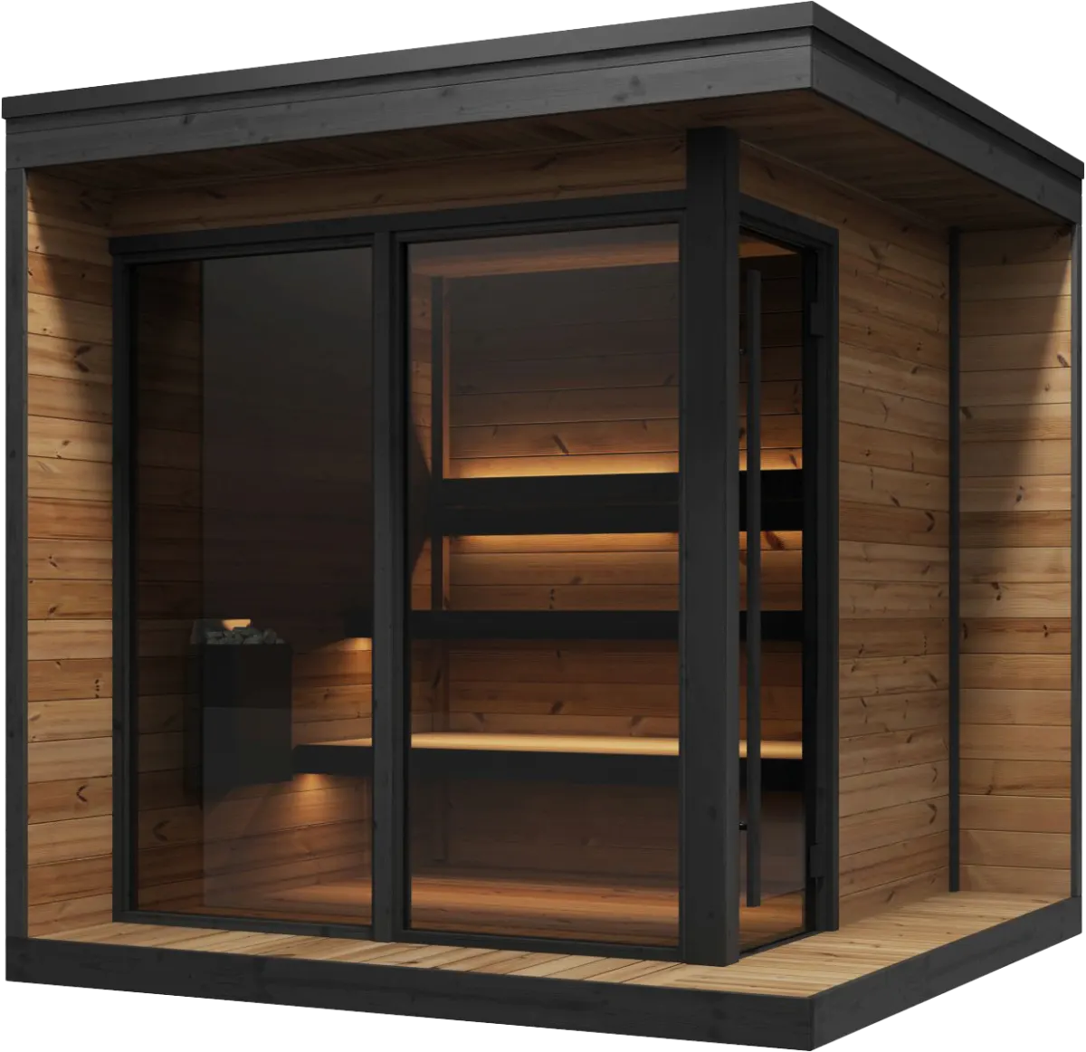 Yakia 400 L outdoor sauna, three-quarter view