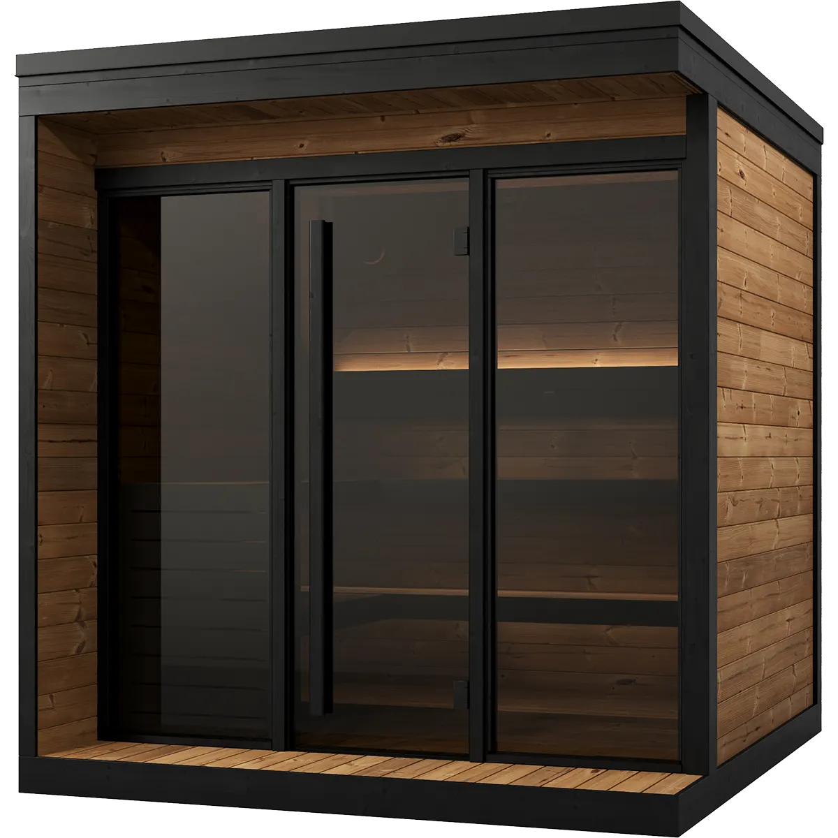 Yakia 400 XL outdoor sauna, three-quarter view
