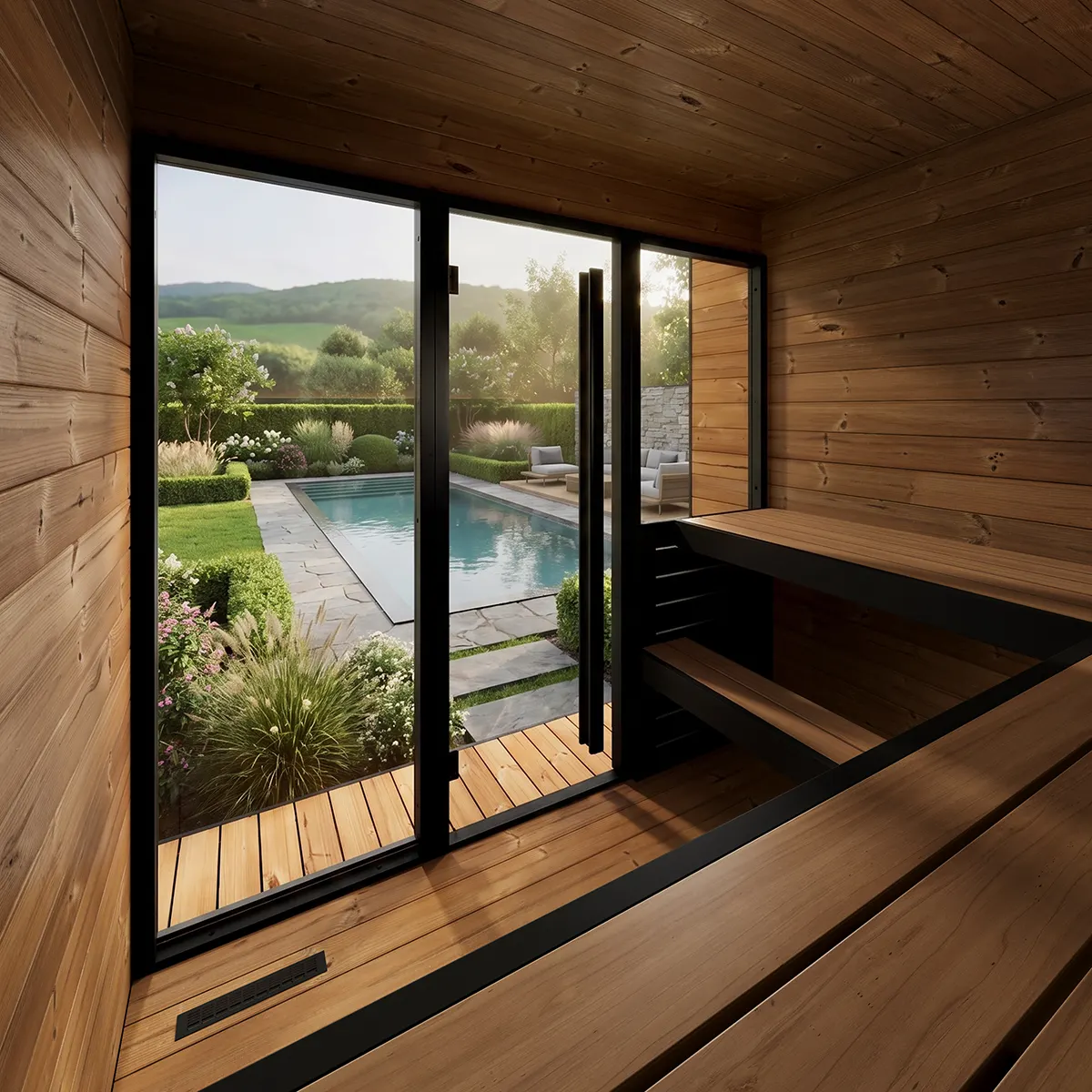 View from inside the Yakia 400 XL sauna out to the garden